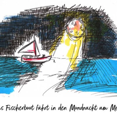 Handgezeichnetes Boot am Meer im Mondschein