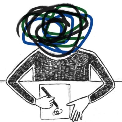 Schwarz-weiß zeichnung Mann mit Blatt Papier